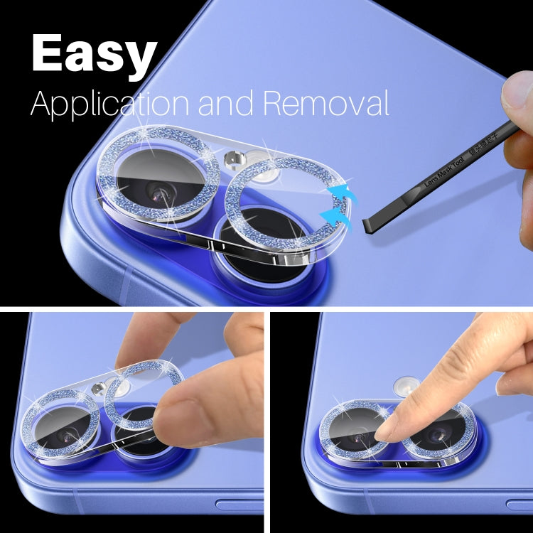 For iPhone 16 / 16 Plus NORTHJO Camera Lens Protector Glitter Ring 3D Tempered Glass Film(Blue)