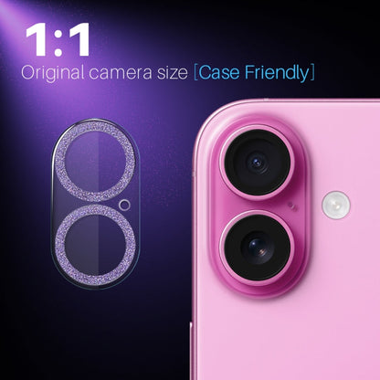 For iPhone 16 / 16 Plus NORTHJO Camera Lens Protector Glitter Ring 3D Tempered Glass Film(Purple)