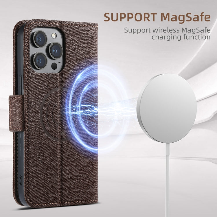 For iPhone 12 Suteni J08 Multifunctional Cross Texture MagSafe Leather Phone Case(Brown)
