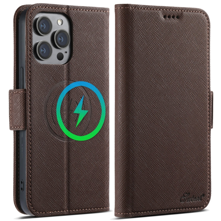 Pour iPhone 13 Pro Suteni J08 Coque de téléphone en cuir multifonctionnelle texturée croisée MagSafe (marron)