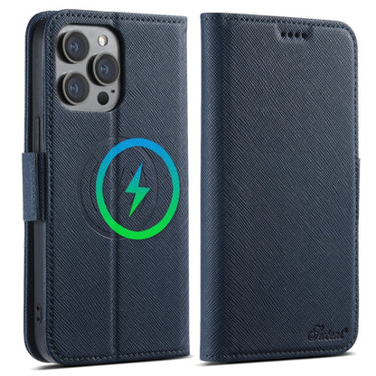 For iPhone 14 Suteni J08 Multifunctional Cross Texture MagSafe Leather Phone Case(Blue)