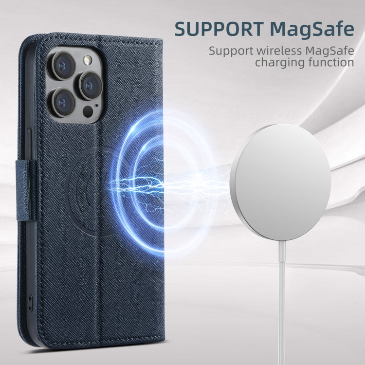 For iPhone 15 Pro Max Suteni J08 Multifunctional Cross Texture MagSafe Leather Phone Case(Blue)