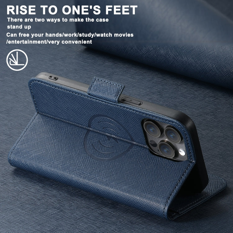 For iPhone 15 Pro Max Suteni J08 Multifunctional Cross Texture MagSafe Leather Phone Case(Blue)