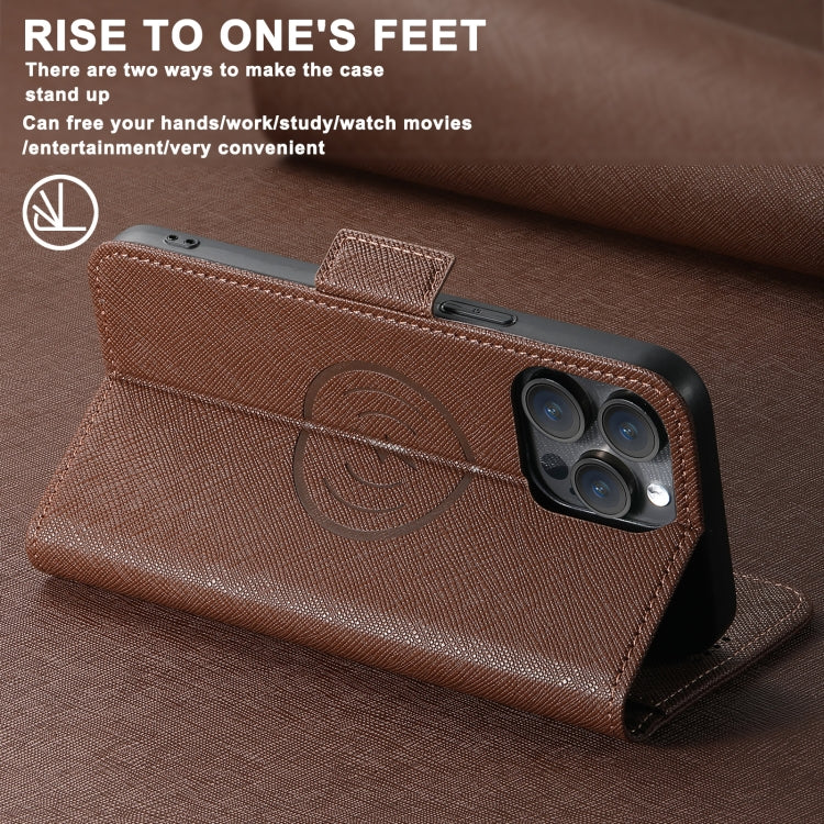 For iPhone 16 Pro Suteni J08 Multifunctional Cross Texture MagSafe Leather Phone Case(Brown)