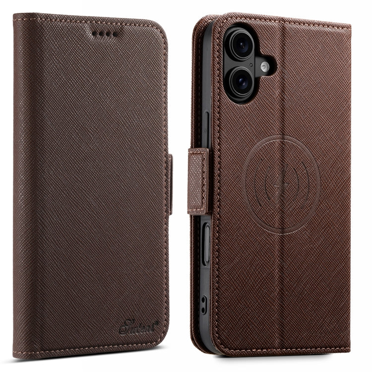 For iPhone 16 Plus Suteni J08 Multifunctional Cross Texture MagSafe Leather Phone Case(Brown)