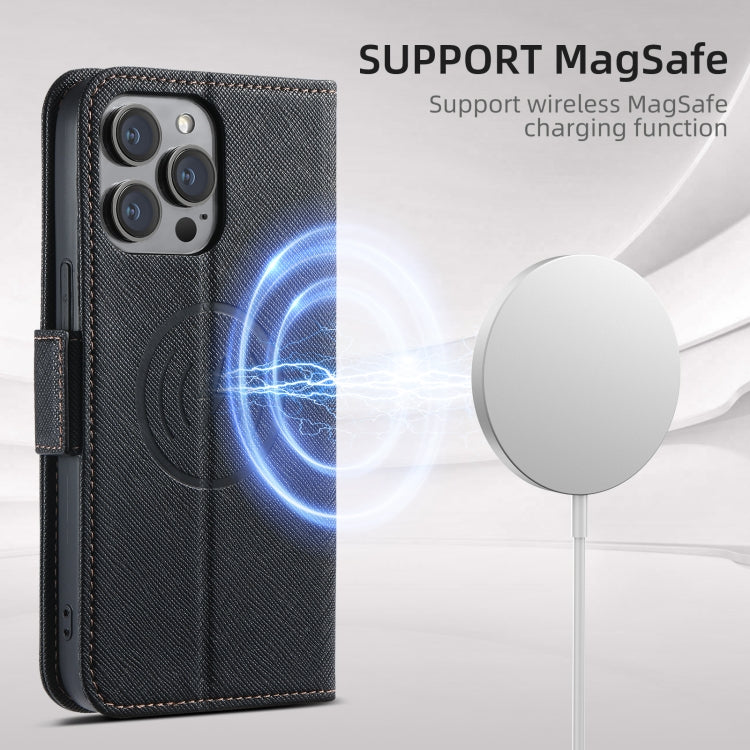 For iPhone 16 Pro Max Suteni J08 Multifunctional Cross Texture MagSafe Leather Phone Case(Black)