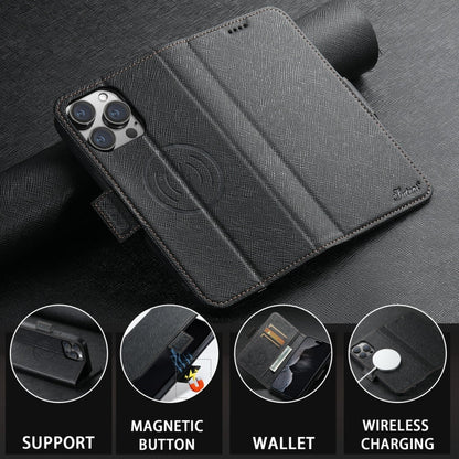 For iPhone 14 Plus Suteni J08 Multifunctional Cross Texture MagSafe Leather Phone Case(Black)