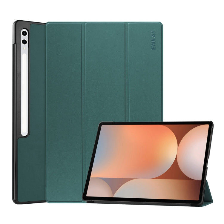 Pour Samsung Galaxy Tab S10+ / S9+ / S9 FE+ Étui intelligent en cuir plastique à texture Custer pliable ENKAY avec fente pour stylet (Vert foncé)