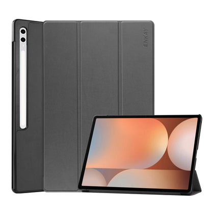 Pour Samsung Galaxy Tab S10+ / S9+ / S9 FE+ ENKAY Étui intelligent en cuir plastique texturé Custer à triple pli avec fente pour stylet (gris)