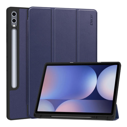 For Samsung Galaxy Tab S10+ / S9+ / S9 FE+ ENKAY Tri-fold Custer Texture TPU Leather Smart Tablet Case with Pen Slot(Dark Blue)