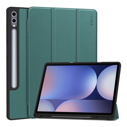 Pour Samsung Galaxy Tab S10+ / S9+ / S9 FE+ Étui de tablette intelligent en cuir TPU texturé Tri-Fold Custer avec porte-stylet (vert foncé)