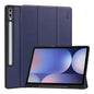 Pour Samsung Galaxy Tab S10 Ultra / S9 Ultra ENKAY Étui intelligent en cuir PU texturé Custer à trois volets avec emplacement pour stylet (Bleu Foncé)