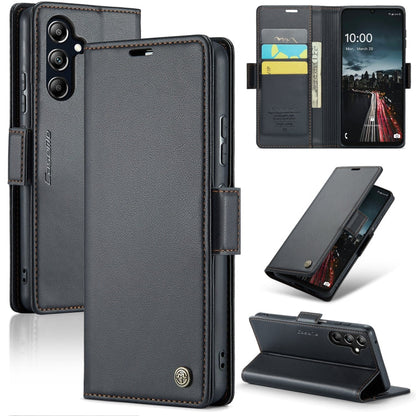 Pour Samsung Galaxy A16 5G Étui de téléphone en cuir avec boucle papillon et texture litchi anti-vol RFID CaseMe 023 (Noir)