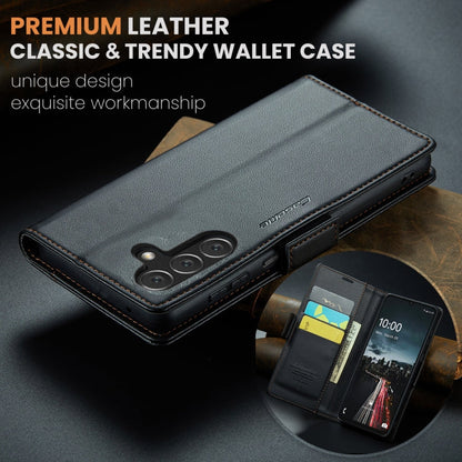 Pour Samsung Galaxy A16 5G Étui de téléphone en cuir avec boucle papillon et texture litchi anti-vol RFID CaseMe 023 (Noir)