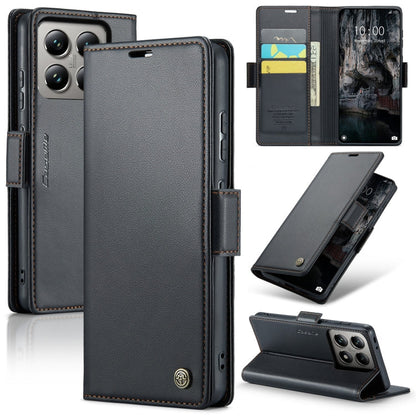 Pour Xiaomi 14T Coque de téléphone en cuir anti-vol RFID texturé litchi avec boucle papillon CaseMe 023 (Noir)
