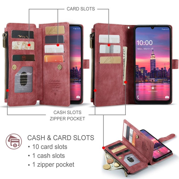 Pour Samsung Galaxy A16 5G Étui de téléphone en cuir portefeuille à fermeture éclair avec emplacements pour cartes CaseMe C30 (rouge)