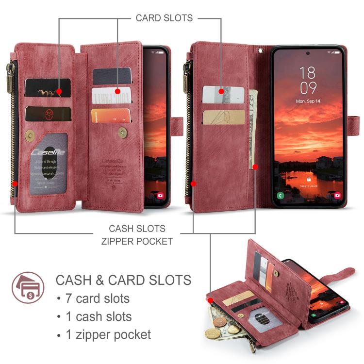 Pour Samsung Galaxy S25 5G Étui Caseme C30 à Fentes pour Cartes Portefeuille à Fermeture Éclair en Cuir (Rouge)