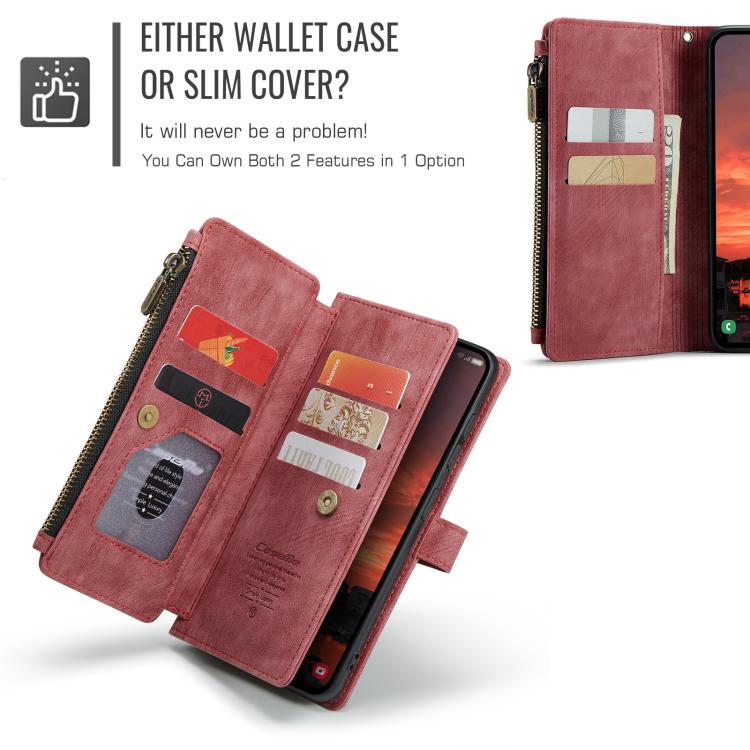 Pour Samsung Galaxy S25 5G Étui Caseme C30 à Fentes pour Cartes Portefeuille à Fermeture Éclair en Cuir (Rouge)
