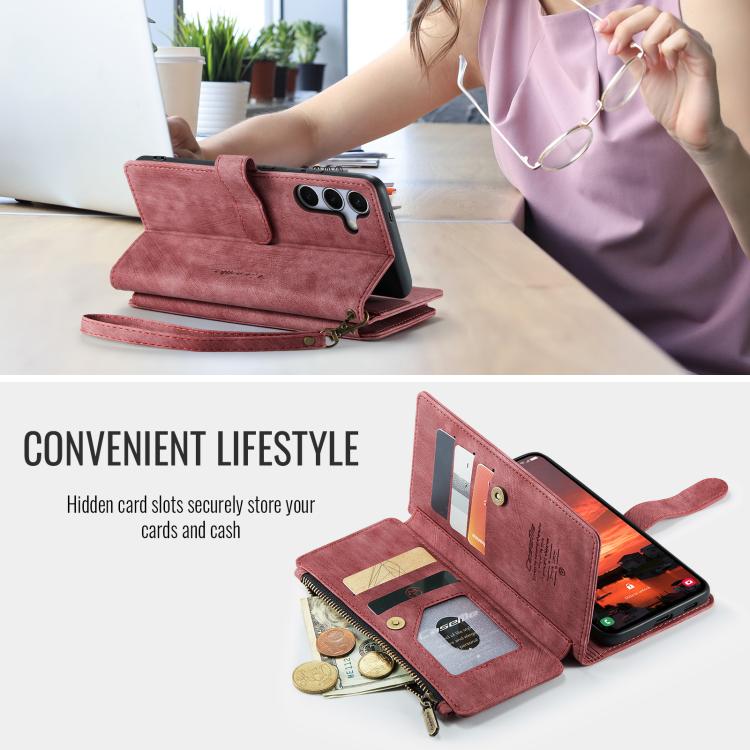 Pour Samsung Galaxy S25 5G Étui Caseme C30 à Fentes pour Cartes Portefeuille à Fermeture Éclair en Cuir (Rouge)
