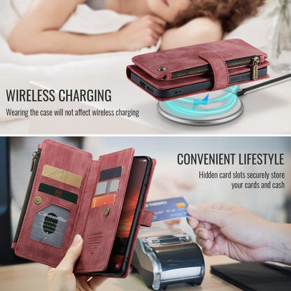Pour Samsung Galaxy S25 5G Étui Caseme C30 à Fentes pour Cartes Portefeuille à Fermeture Éclair en Cuir (Rouge)