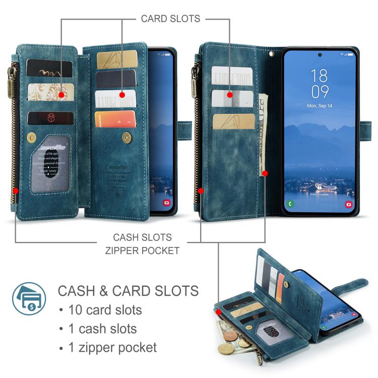 Pour Samsung Galaxy S25+ 5G Étui Caseme C30 avec fentes pour cartes, portefeuille zippé en cuir (Bleu)