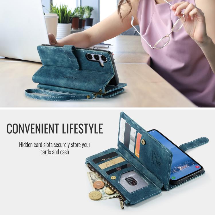 Pour Samsung Galaxy S25+ 5G Étui Caseme C30 avec fentes pour cartes, portefeuille zippé en cuir (Bleu)