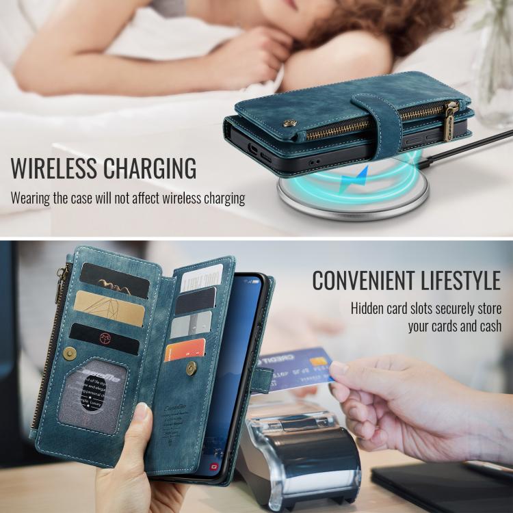 Pour Samsung Galaxy S25+ 5G Étui Caseme C30 avec fentes pour cartes, portefeuille zippé en cuir (Bleu)