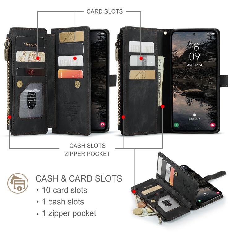 Pour Samsung Galaxy S25+ 5G Étui de téléphone en cuir avec porte-cartes et fermeture éclair CaseMe C30 (noir)