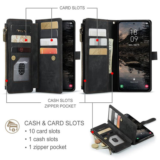 For Samsung Galaxy S25+ 5G CaseMe C30 Card Slots Zipper Wallet Leather Phone Case(Black)