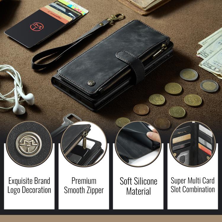 Pour Samsung Galaxy S25+ 5G Étui de téléphone en cuir avec porte-cartes et fermeture éclair CaseMe C30 (noir)