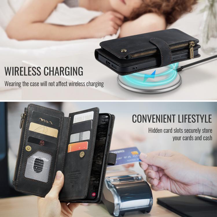 Pour Samsung Galaxy S25+ 5G Étui de téléphone en cuir avec porte-cartes et fermeture éclair CaseMe C30 (noir)
