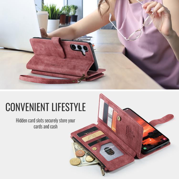 Pour Samsung Galaxy S25+ 5G Étui Caseme C30 avec fentes pour cartes, portefeuille zippé en cuir (rouge)