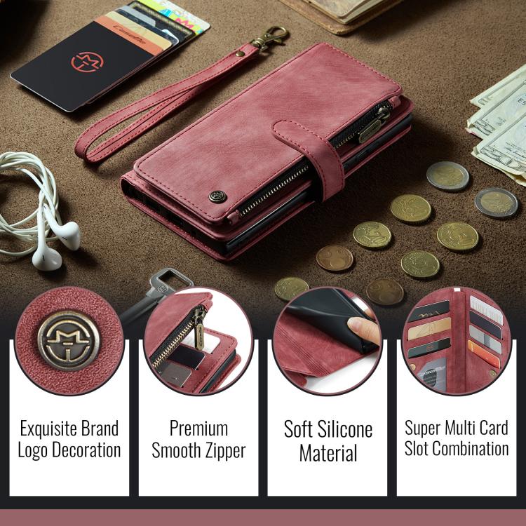 Pour Samsung Galaxy S25+ 5G Étui Caseme C30 avec fentes pour cartes, portefeuille zippé en cuir (rouge)