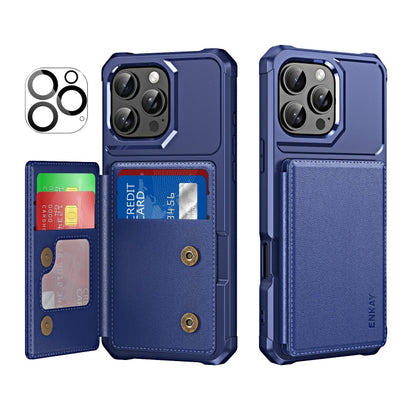For iPhone 16 Pro Max ENKAY Hat-Prince Card Slot Wallet TPU Back Leather Phone Case with Lens Film(Dark Blue)