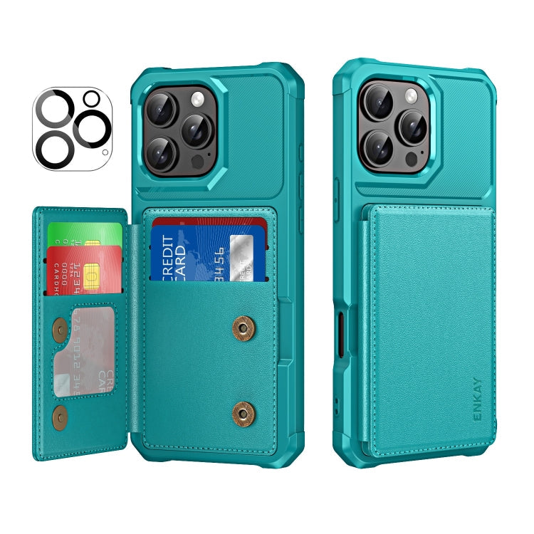 For iPhone 16 Pro Max ENKAY Hat-Prince Card Slot Wallet TPU Back Leather Phone Case with Lens Film(Cyan)