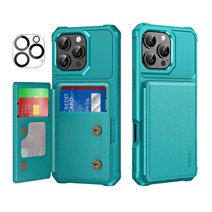 For iPhone 16 Pro Max ENKAY Hat-Prince Card Slot Wallet TPU Back Leather Phone Case with Lens Film(Cyan)