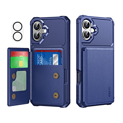 For iPhone 16 ENKAY Hat-Prince Card Slot Wallet TPU Back Leather Phone Case with Lens Film(Dark Blue)