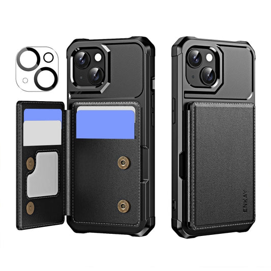 For iPhone 15 Plus ENKAY Hat-Prince Card Slot Wallet TPU Back Leather Phone Case with Lens Film(Black)