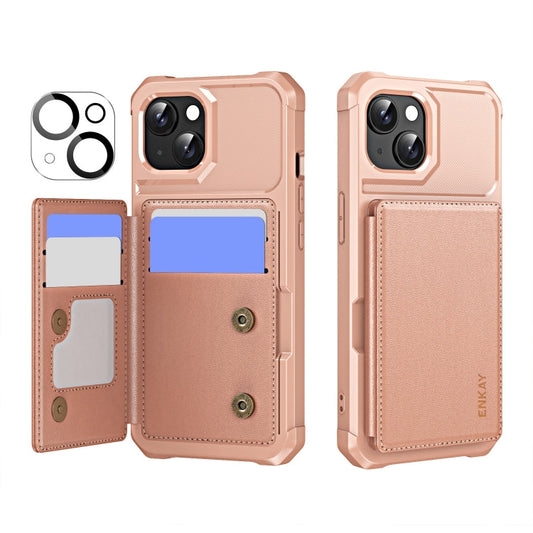 Pour iPhone 14 Étui de téléphone en cuir TPU avec fente pour carte ENKAY Hat-Prince avec film de protection d'objectif (or rose)