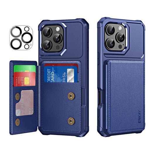 Pour iPhone 14 Pro ENKAY Hat-Prince Étui de téléphone en cuir avec fente pour carte et film d'objectif (Bleu Foncé)