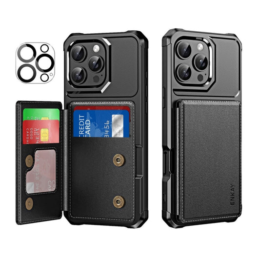 Pour iPhone 14 Pro Max ENKAY Hat-Prince Étui de Téléphone en Cuir PU avec Fente pour Cartes et Film de Protection d'Objectif (Noir)