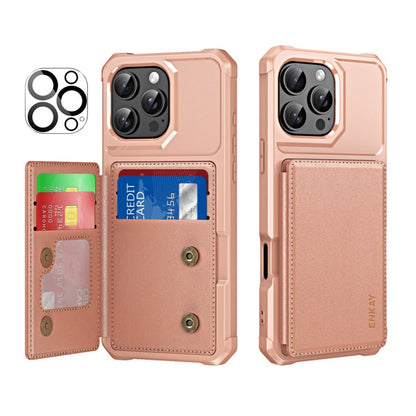 For iPhone 14 Pro Max ENKAY Hat-Prince Card Slot Wallet TPU Back Leather Phone Case with Lens Film(Rose Gold)