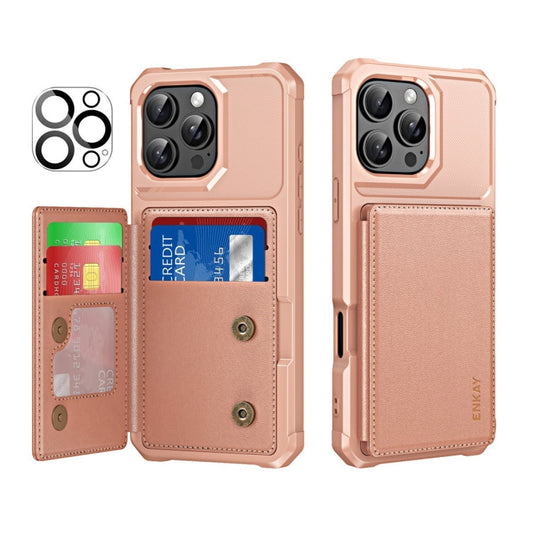 Pour iPhone 14 Pro Max ENKAY Hat-Prince Étui de Téléphone en Cuir PU avec Fentes pour Cartes et Film de Protection d'Objectif (Or Rose)
