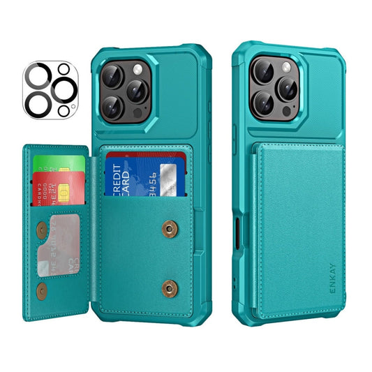 Pour iPhone 14 Pro Max ENKAY Hat-Prince Étui de Téléphone en Cuir PU avec Fentes pour Cartes et Film de Protection d'Objectif (Cyan)