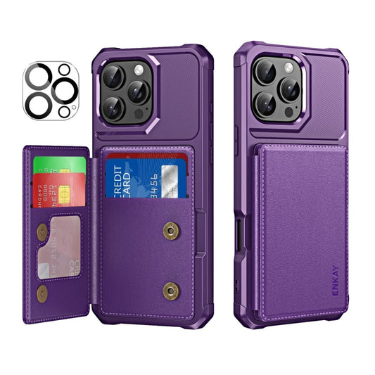 Pour iPhone 14 Pro Max ENKAY Hat-Prince Étui de téléphone en cuir TPU avec fente pour cartes et portefeuille, avec film pour objectif (violet)