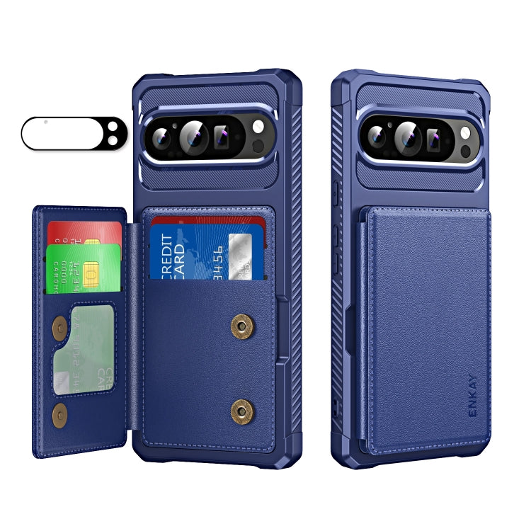 Pour Google Pixel 9 / 9 Pro ENKAY Hat-Prince Étui de téléphone en cuir TPU avec fente pour cartes et film de protection d'objectif (Bleu Foncé)