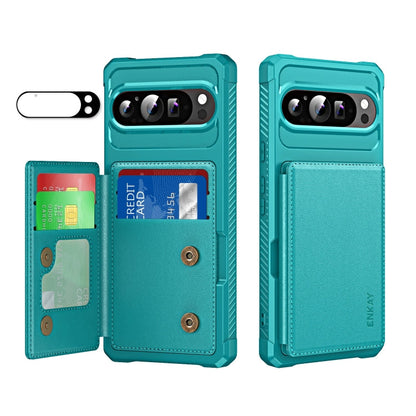 Pour Google Pixel 9 / 9 Pro ENKAY Hat-Prince Étui de téléphone en cuir TPU avec emplacement pour cartes et film de protection d'objectif (Cyan)