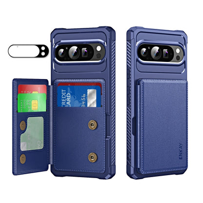 Pour Google Pixel 9 Pro XL ENKAY Hat-Prince Étui de téléphone en cuir avec fente pour carte et film de protection d'objectif (bleu foncé)