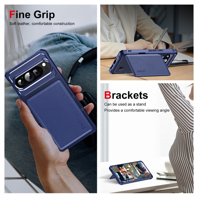 Pour Google Pixel 9 Pro XL ENKAY Hat-Prince Étui de téléphone en cuir avec fente pour carte et film de protection d'objectif (bleu foncé)