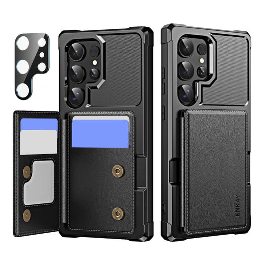 Pour Samsung Galaxy S24 Ultra 5G ENKAY Hat-Prince Étui de téléphone en cuir TPU avec fente pour cartes et film de protection d'objectif (Noir)